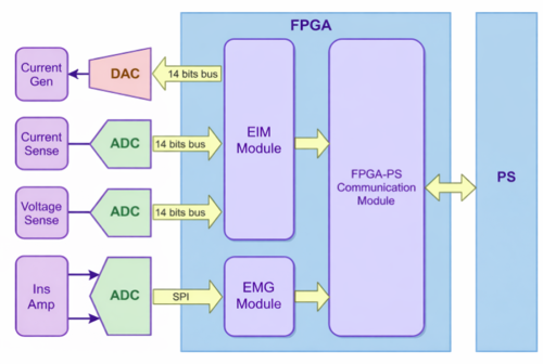 EMG and EIM signal validation workflow using LabVIEW NI DAQ, analog front end (AFE), FPGA processing, and processing system for medical device testing