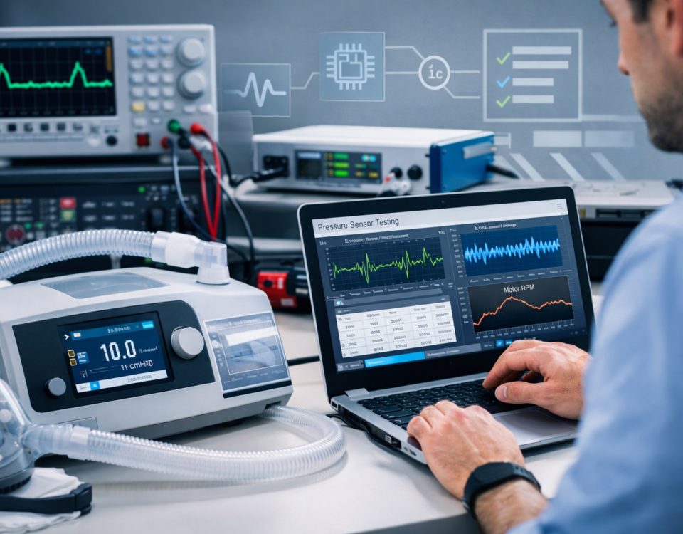 LabVIEW automated testing architecture for CPAP/BiPAP device verification using UART and I2C communication.