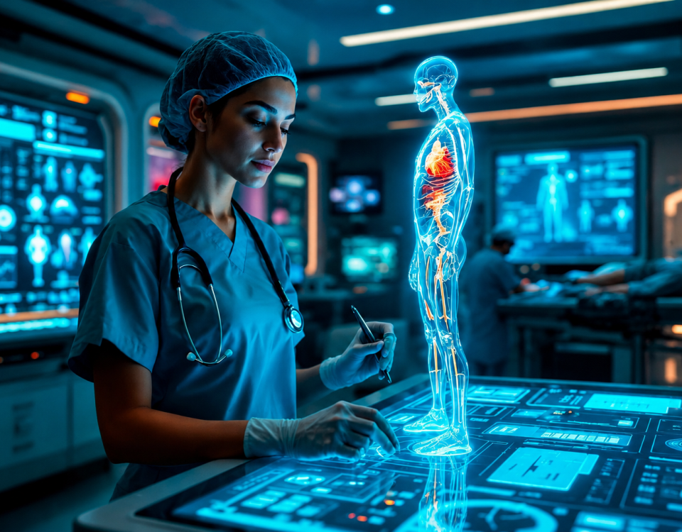 Clinician using a holographic 3D patient view powered by IoMT and AI - illustrating the future of connected healthcare innovation.