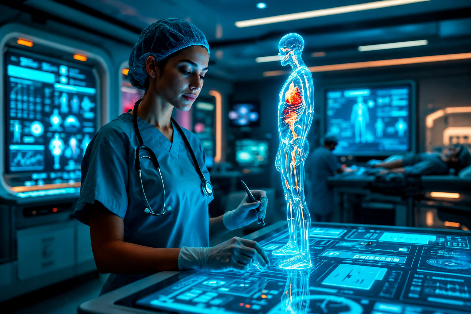 Clinician using a holographic 3D patient view powered by IoMT and AI - illustrating the future of connected healthcare innovation.