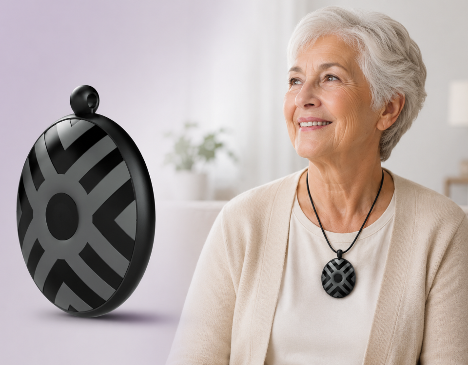 Elderly woman wearing a compact fall detection pendant designed for everyday independence