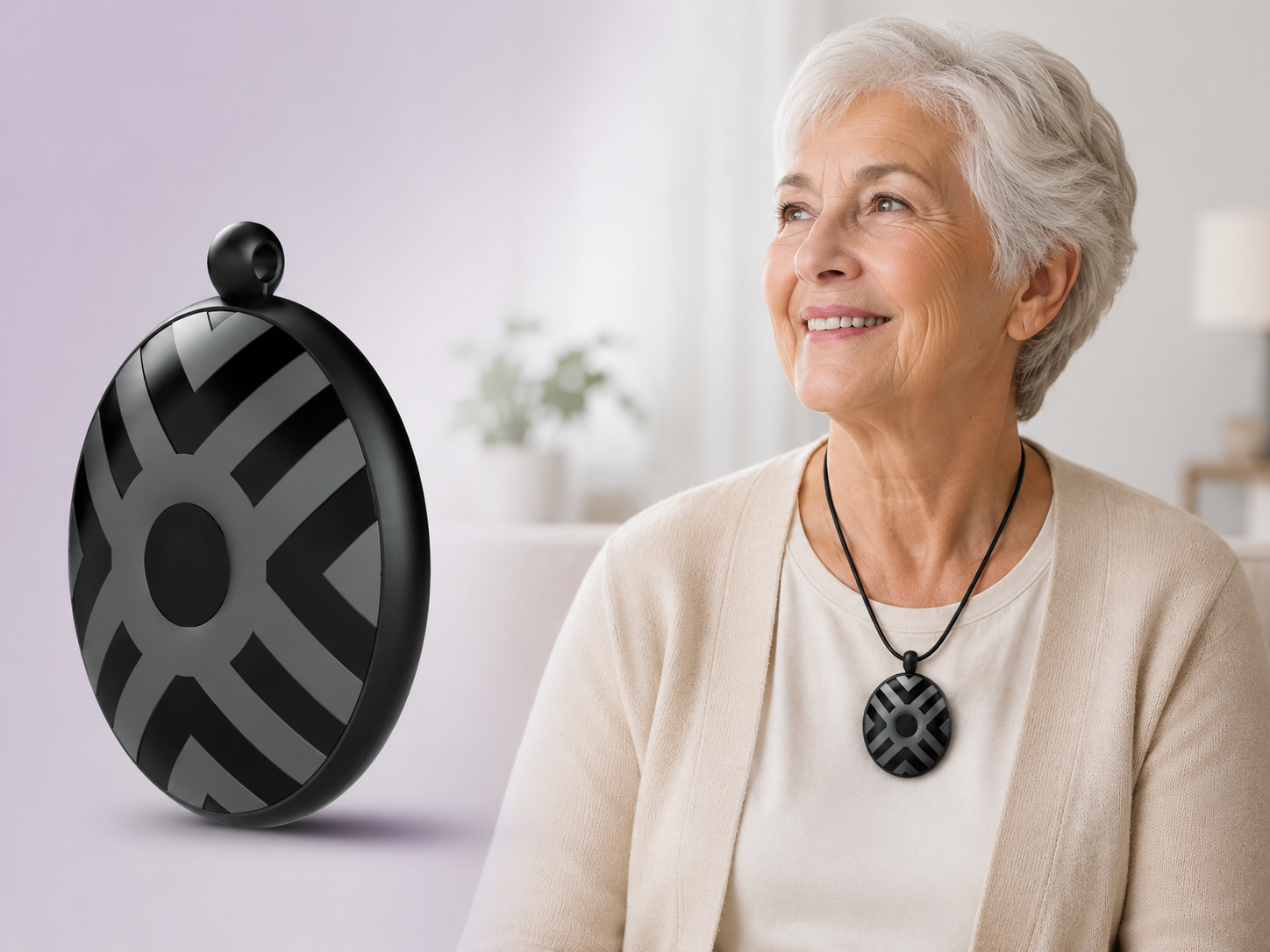 Elderly woman wearing a compact fall detection pendant designed for everyday independence